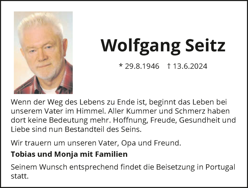  Traueranzeige für Wolfgang Seitz vom 22.06.2024 aus GESAMT