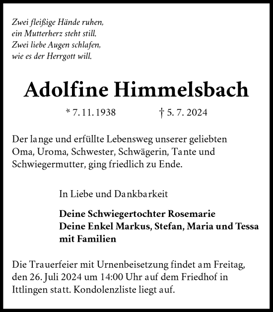 Traueranzeige von Adolfine Himmelsbach von GESAMT