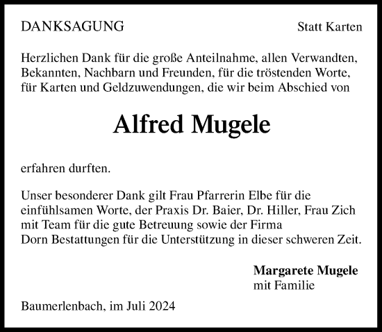 Traueranzeige von Alfred Mugele von GESAMT