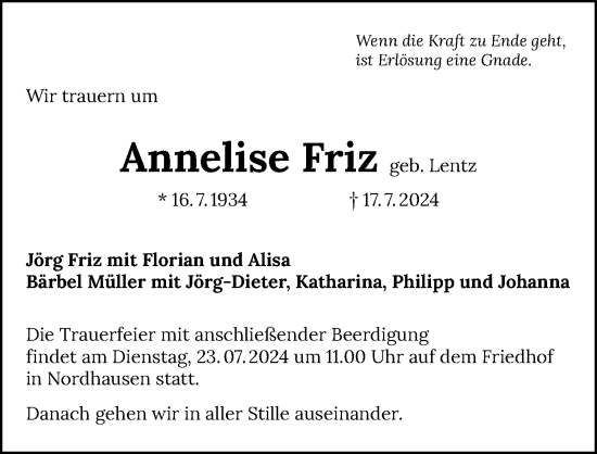 Traueranzeige von Annelise Friz von GESAMT