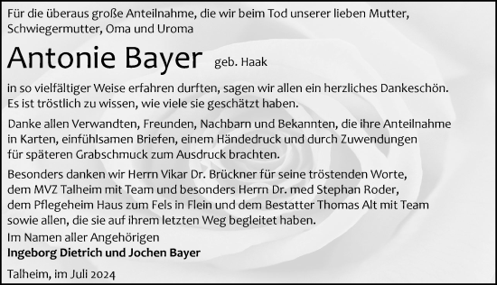 Traueranzeige von Antonie Bayer von GESAMT