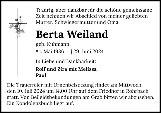 Traueranzeige von Berta Weiland von GESAMT