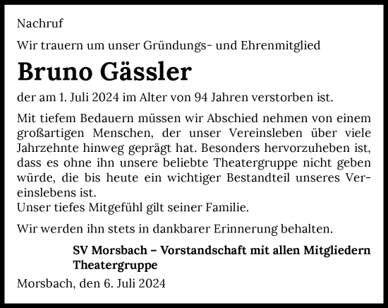 Traueranzeige von Bruno Gässler von GESAMT