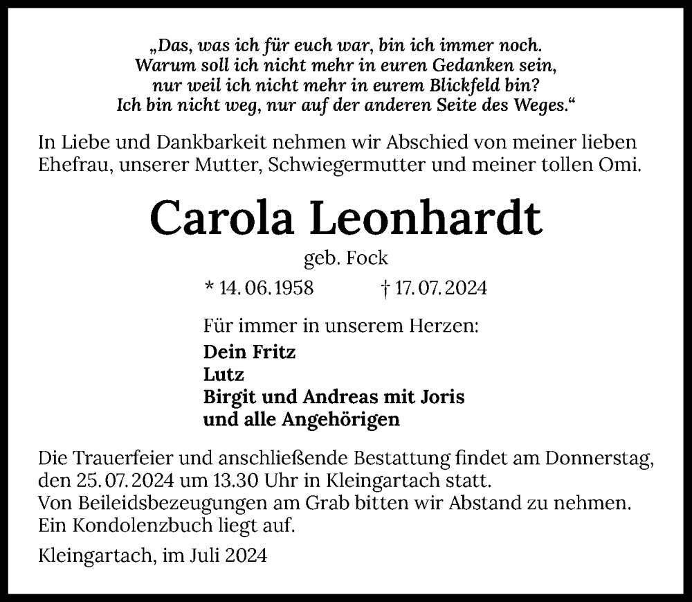  Traueranzeige für Carola Leonhardt vom 23.07.2024 aus GESAMT