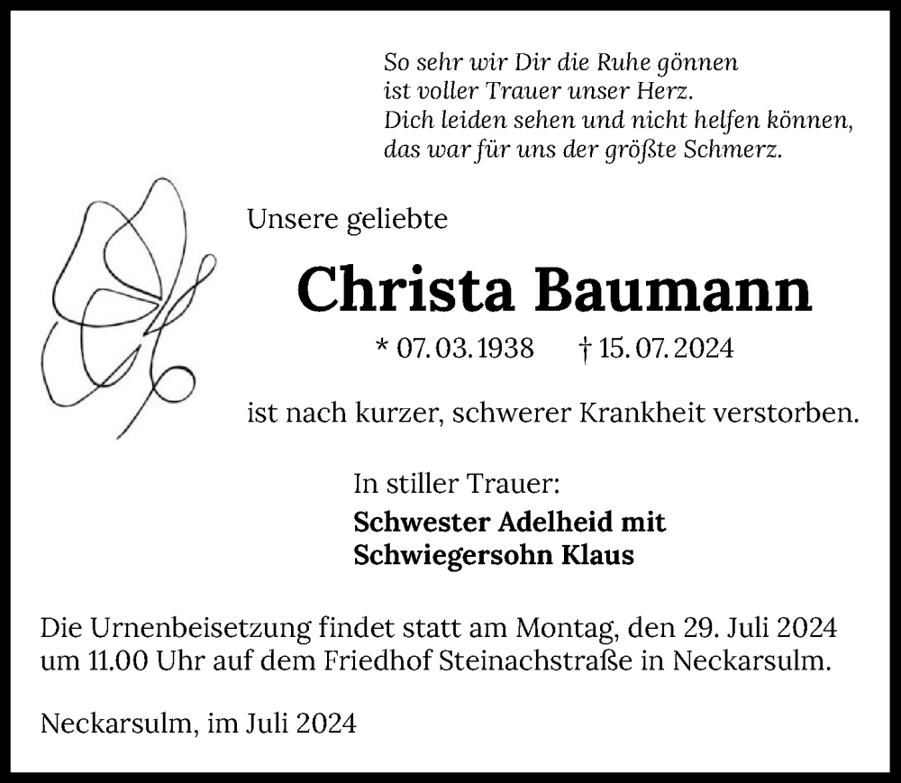  Traueranzeige für Christa Baumann vom 25.07.2024 aus GESAMT