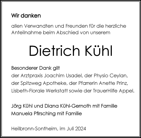 Traueranzeige von Dietrich Kühl
