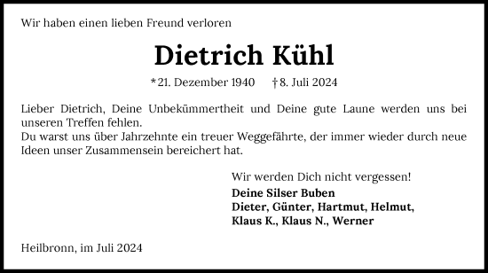 Traueranzeige von Dietrich Kühl von GESAMT