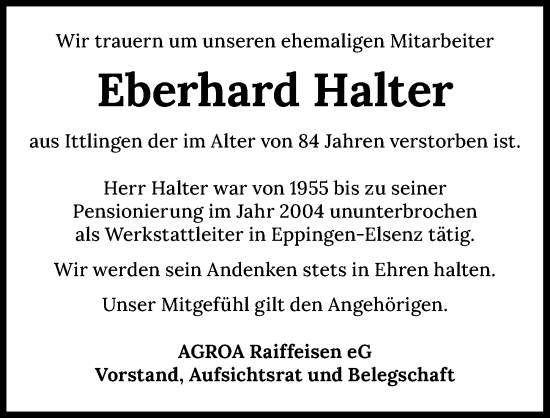 Traueranzeige von Eberhard Halter von GESAMT