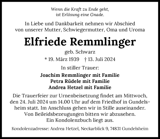 Traueranzeige von Elfriede Remmlinger von GESAMT