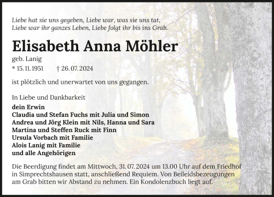 Traueranzeige von Elisabeth Anna Möhler von GESAMT