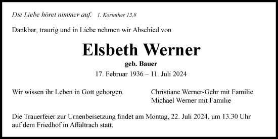 Traueranzeige von Elsbeth Werner von GESAMT