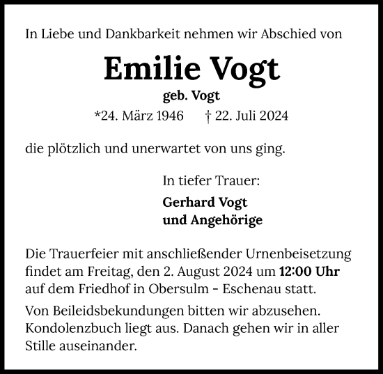 Traueranzeige von Emilie Vogt von GESAMT