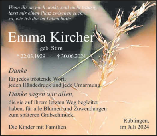 Traueranzeige von Emma Kircher von GESAMT