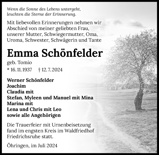 Traueranzeige von Emma Schönfelder von GESAMT