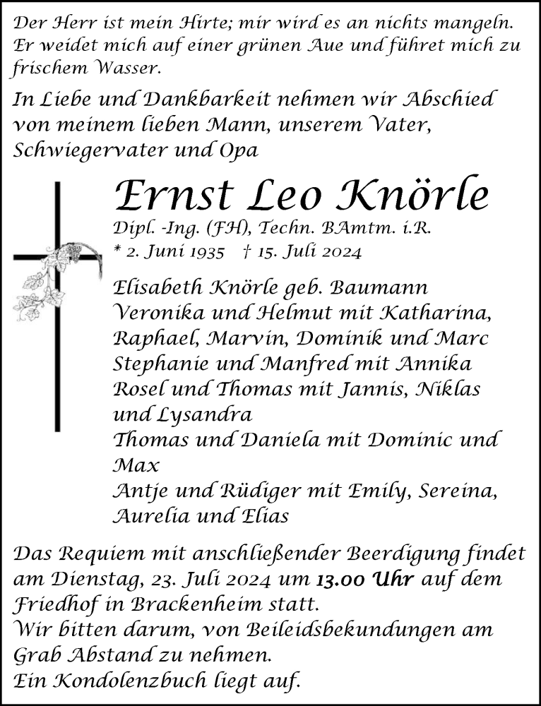  Traueranzeige für Ernst Leo Knörle vom 20.07.2024 aus GESAMT