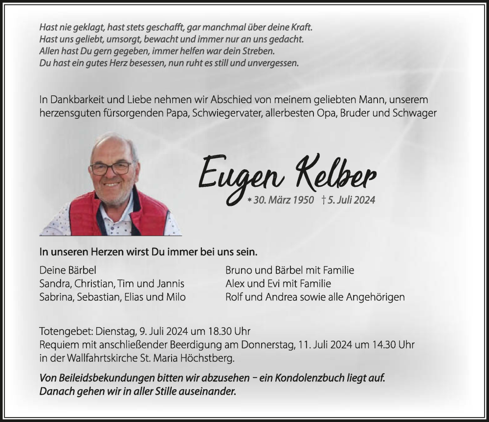  Traueranzeige für Eugen Kelber vom 09.07.2024 aus GESAMT