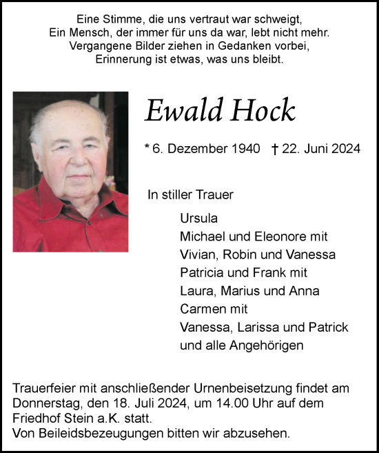 Traueranzeige von Ewald Hock