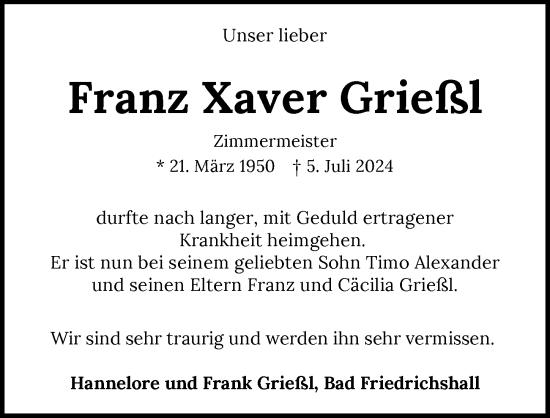 Traueranzeige von Franz Xaver Grießl von GESAMT