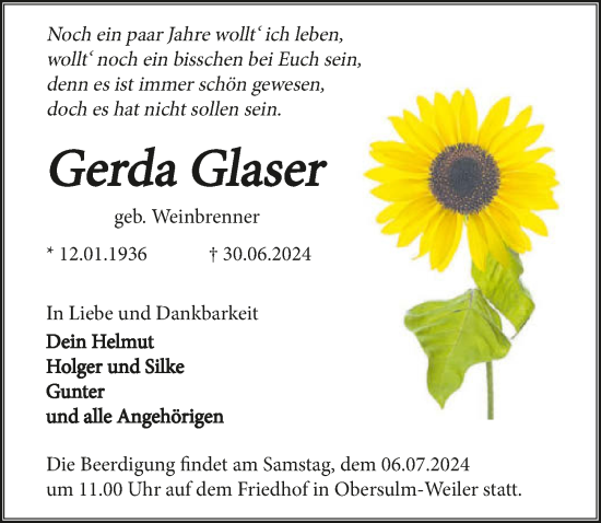 Traueranzeige von Gerda Glaser von GESAMT