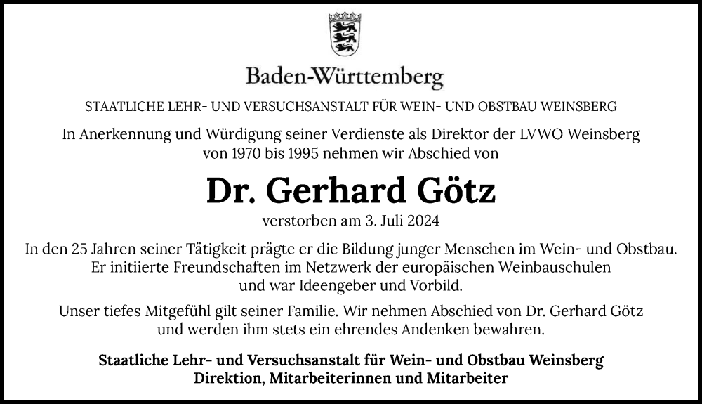  Traueranzeige für Gerhard Götz vom 06.07.2024 aus GESAMT
