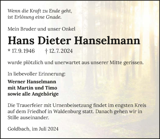 Traueranzeige von Hans Dieter Hanselmann von GESAMT