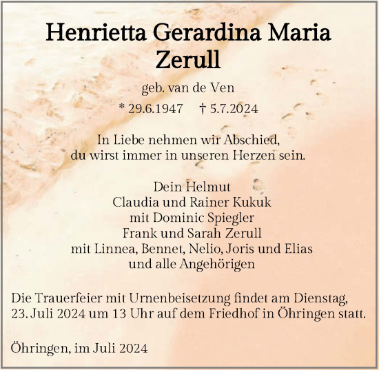Traueranzeige von Henrietta Gerardina Maria Zerull von GESAMT