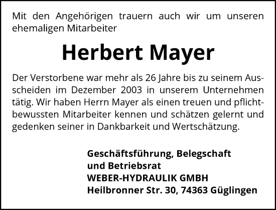 Traueranzeige von Herbert Mayer von GESAMT