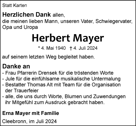 Traueranzeige von Herbert Mayer von GESAMT