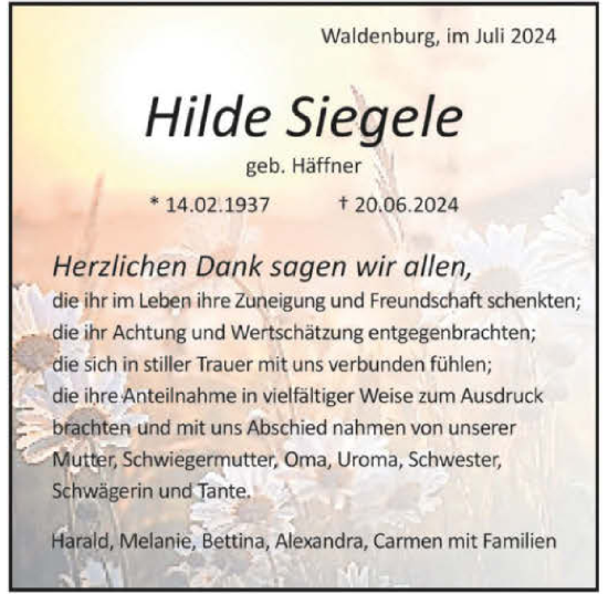 Traueranzeige von Hilde Siegele von GESAMT