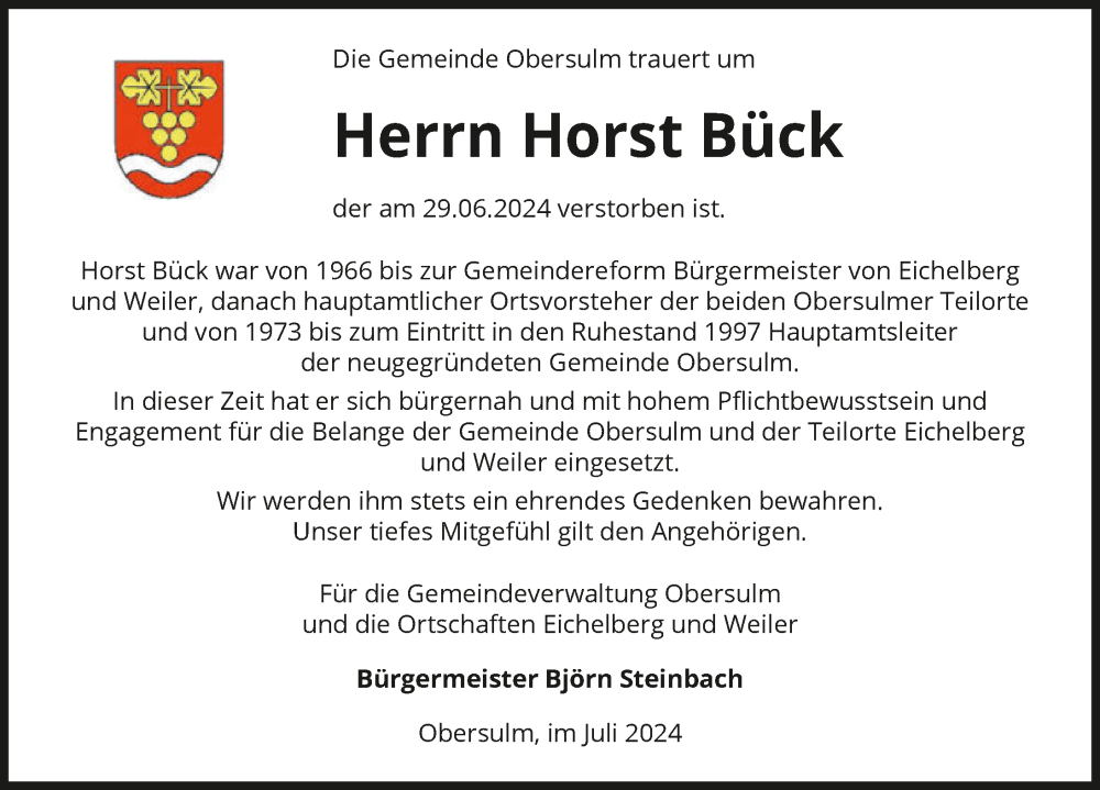 Traueranzeige für Horst Bück vom 06.07.2024 aus GESAMT