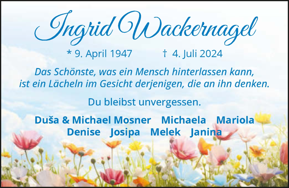  Traueranzeige für Ingrid Wackernagel vom 13.07.2024 aus GESAMT