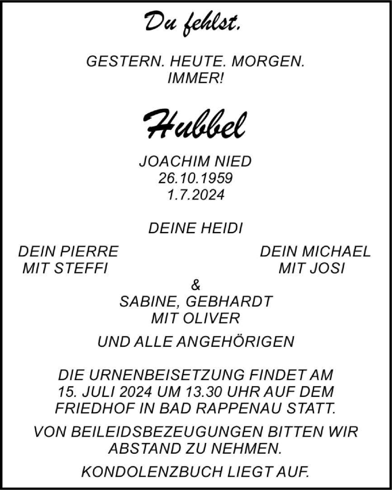  Traueranzeige für Joachim Nied vom 10.07.2024 aus GESAMT