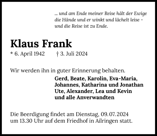 Traueranzeige von Klaus Frank von GESAMT