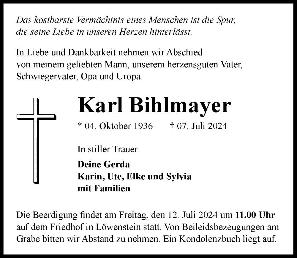  Traueranzeige für LKarl Bihlmayer vom 10.07.2024 aus GESAMT