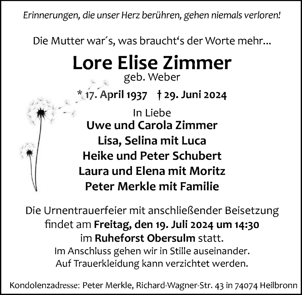  Traueranzeige für Lore Elise Zimmer vom 13.07.2024 aus GESAMT