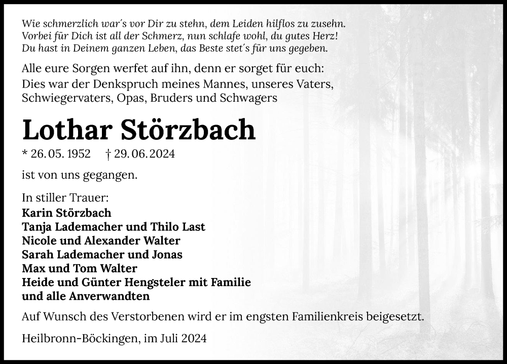  Traueranzeige für Lothar Störzbach vom 06.07.2024 aus GESAMT