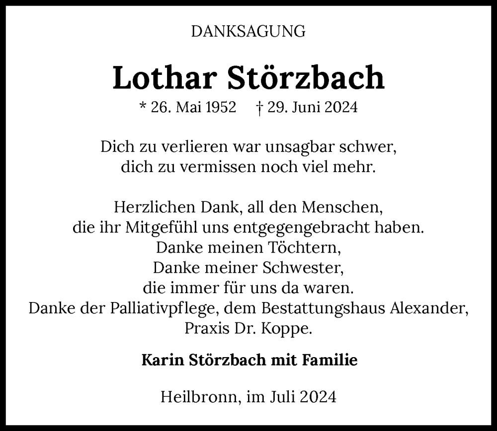  Traueranzeige für Lothar Störzbach vom 20.07.2024 aus GESAMT