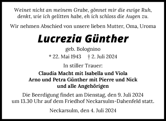 Traueranzeige von Lucrezia Günther von GESAMT