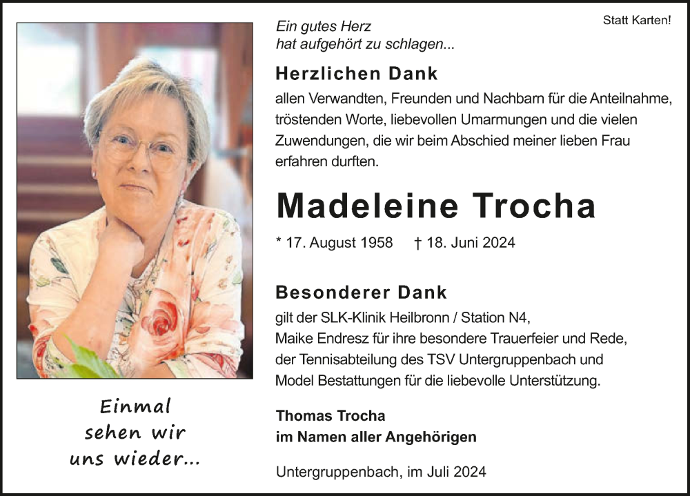  Traueranzeige für Madeleine Trocha vom 06.07.2024 aus GESAMT