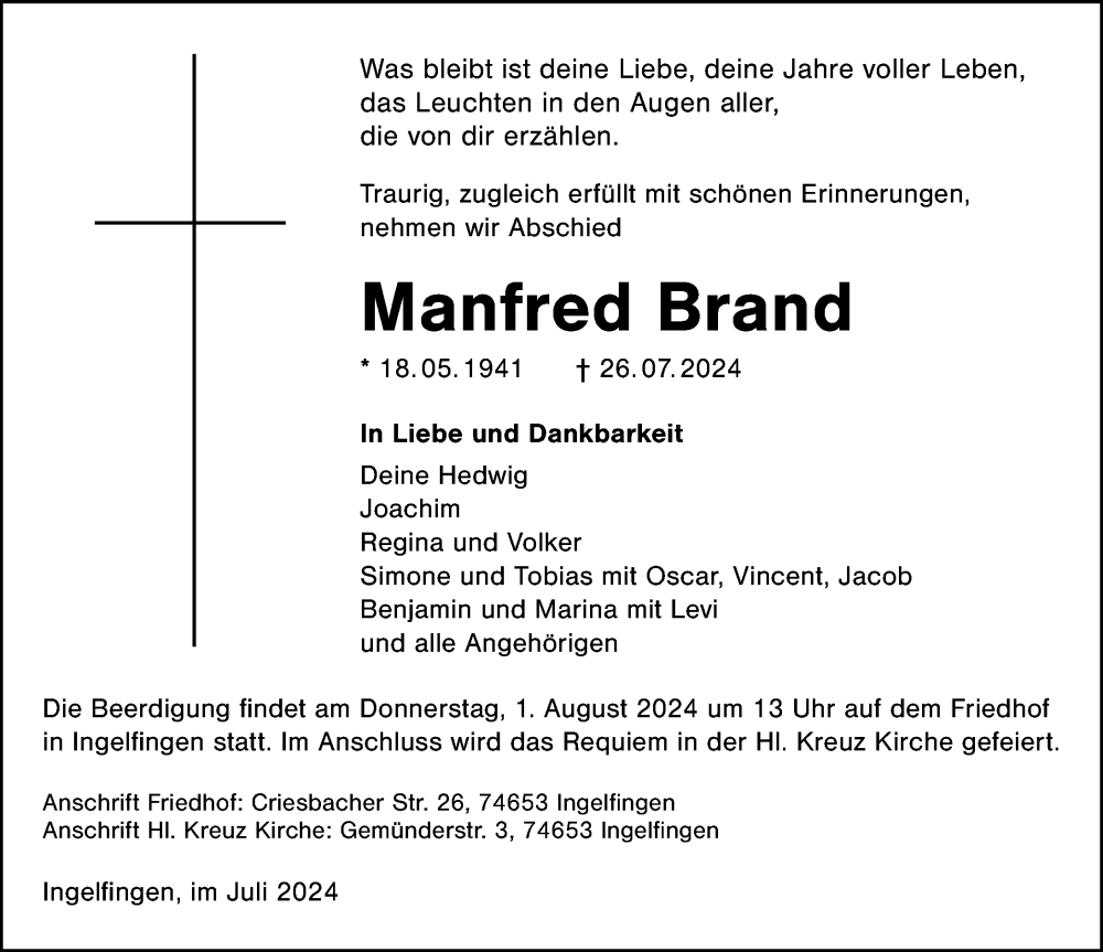  Traueranzeige für Manfred Brand vom 30.07.2024 aus GESAMT