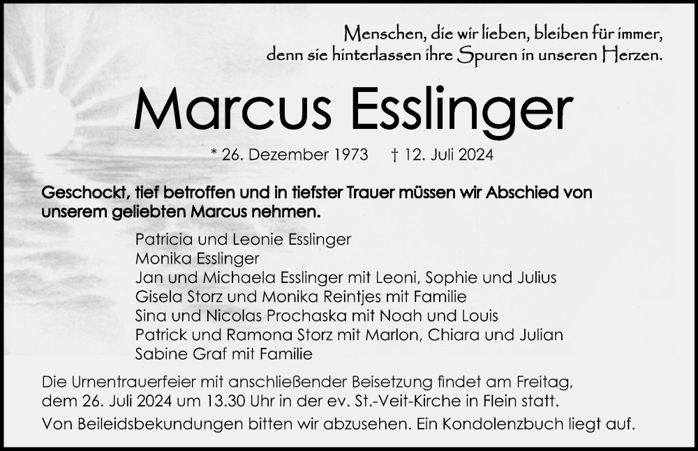  Traueranzeige für Marcus Esslinger vom 20.07.2024 aus GESAMT