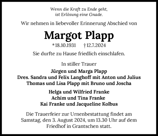 Traueranzeige von Margot Plapp von GESAMT