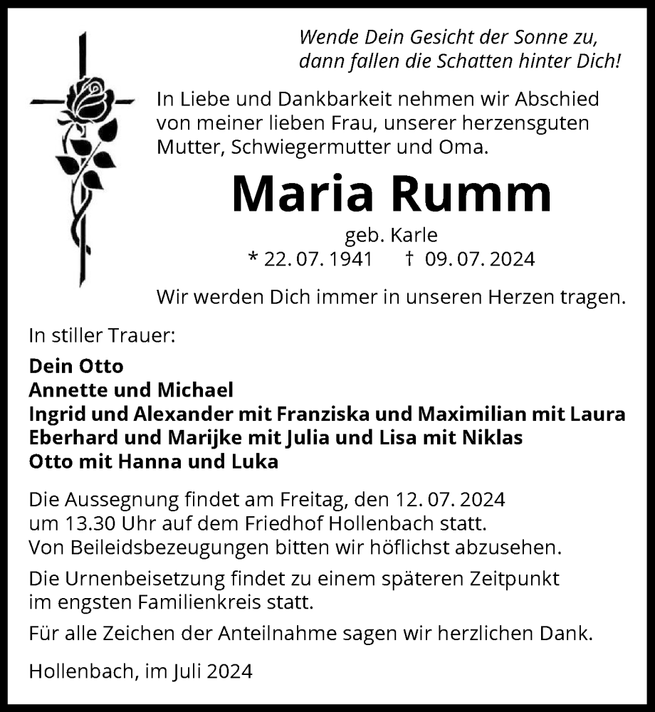  Traueranzeige für Maria Rumm vom 11.07.2024 aus GESAMT