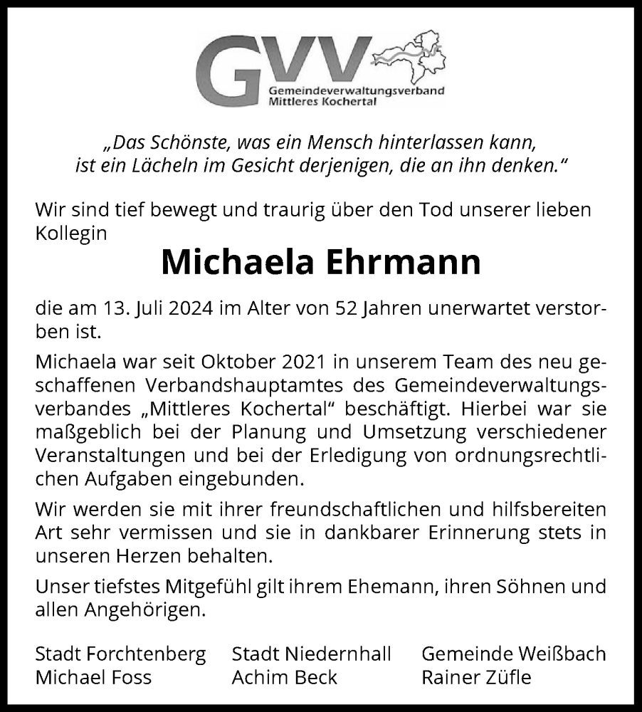  Traueranzeige für Michaela Ehrmann vom 17.07.2024 aus GESAMT