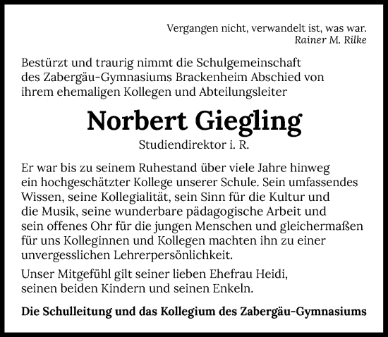 Traueranzeige von Norbert Giegling von GESAMT