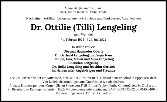 Traueranzeige von Ottilie Lengeling von GESAMT