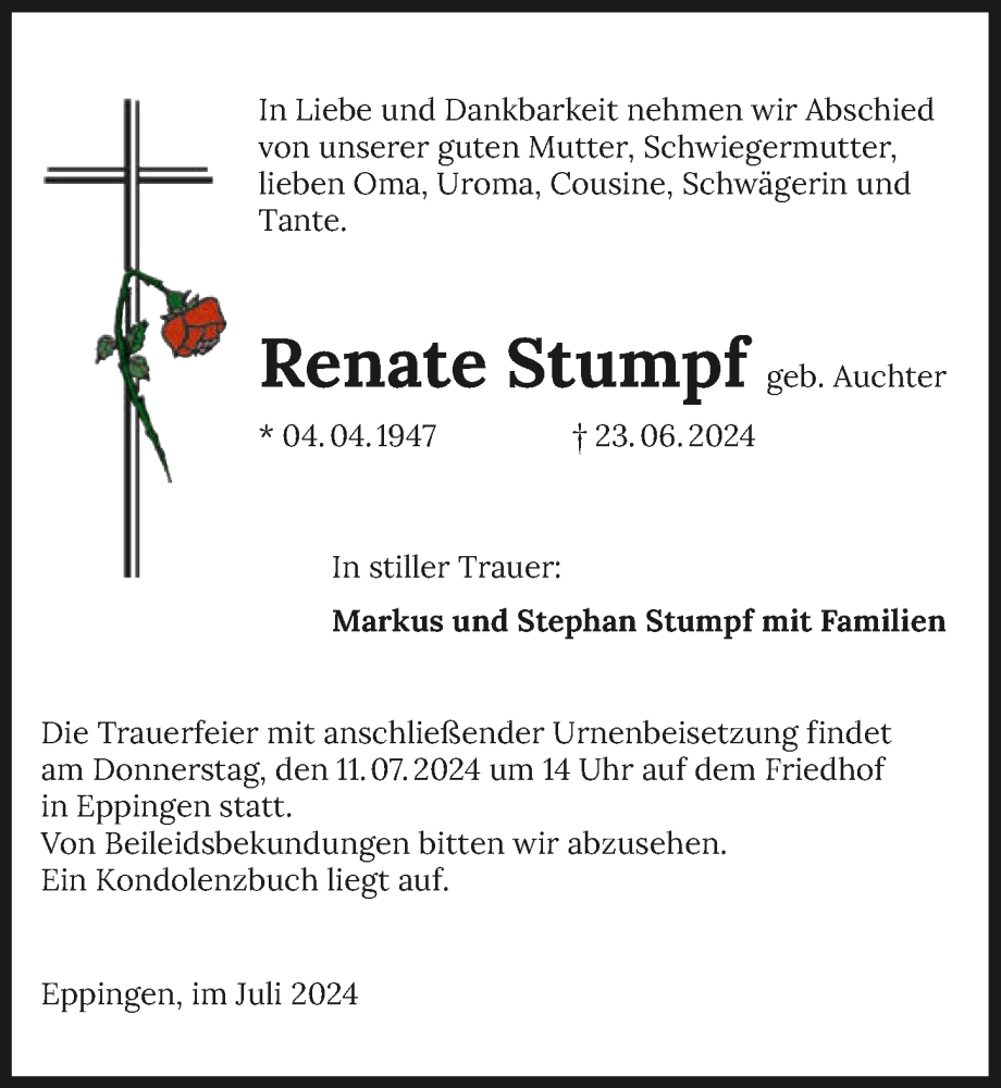  Traueranzeige für Renate Stumpf vom 08.07.2024 aus GESAMT