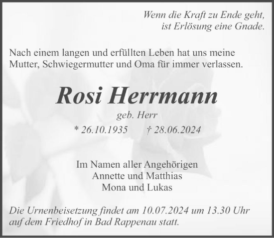 Traueranzeige von Rosi Herrmann von GESAMT