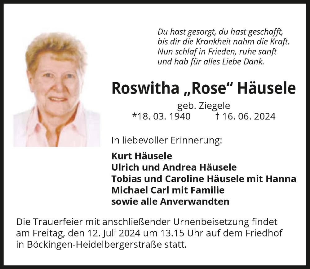  Traueranzeige für Roswitha Häusele vom 06.07.2024 aus GESAMT