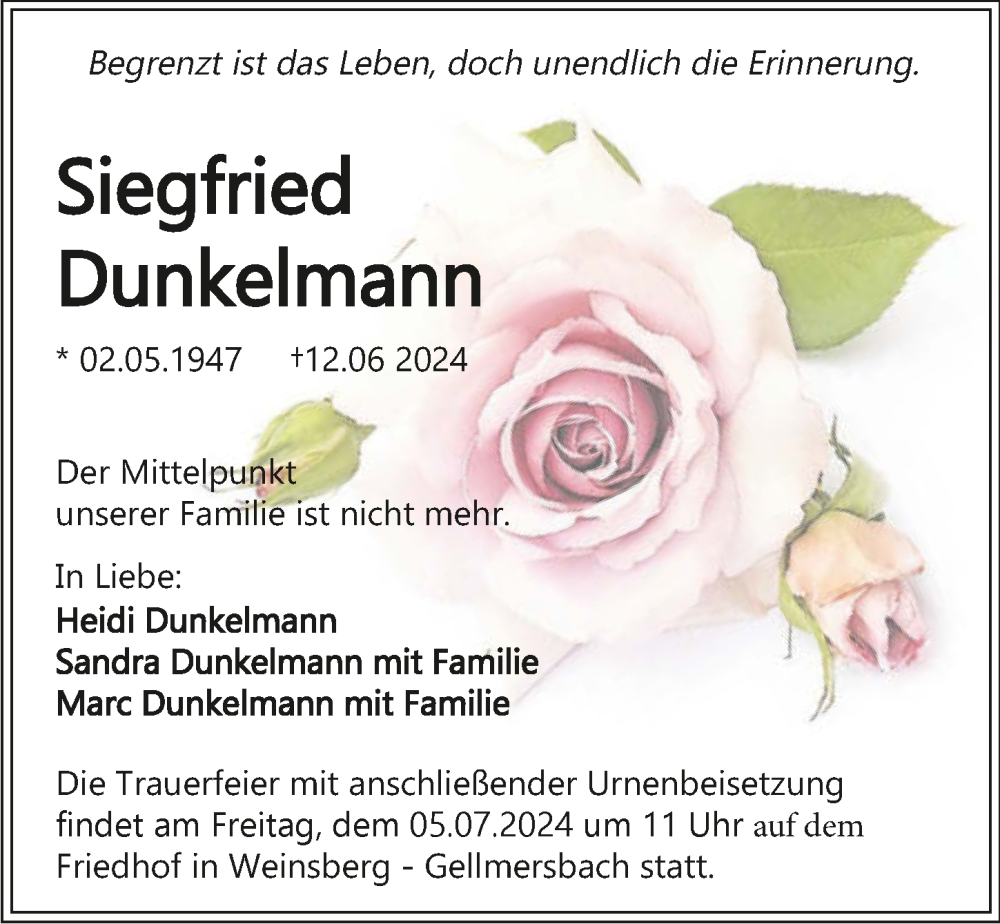  Traueranzeige für Siegfried Dunkelmann vom 02.07.2024 aus GESAMT